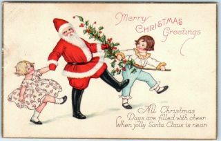 Vintage Santa Claus Christmas Postcard Red Suit,  Holding Hands W/ Children 1924