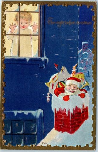 Vintage Santa Claus Christmas Postcard In Chimney W/ Bag Of Toys 1910 Cancel