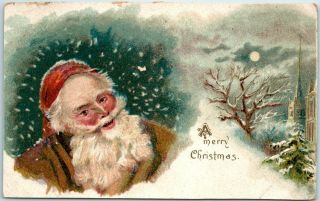 Vintage Santa Claus Christmas Postcard Brown Robe & Red Cap / Snowy Scene 1910s