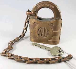 Vintage - Antique Yale & Towne Brass Padlock With Brass Chain & Key