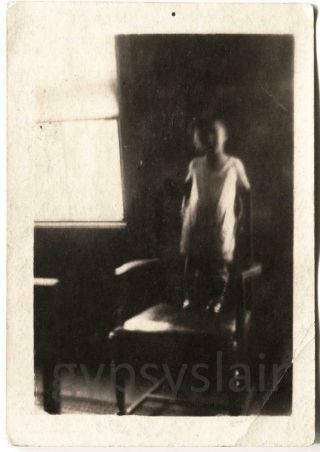 C 1900s Orig Gelatin Silver Vintage Photo Ghostly Spirit Boy Standing On Chair