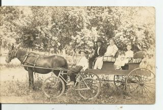 Rppc Family In Mule Drawn Wagon & Man On Early 1900s Bicycle Antique Postcard