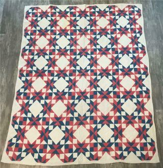 Vintage 8 Point Star Hand Stitched Quilt Patriotic Red Blue 78 X 63 Cutter Stain