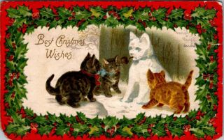Postcard Christmas Cats Smoking Pipe Embossed Circa 1910 Winsch Back B9