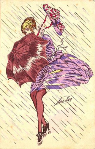 Artist Signed Xavier Sager Woman Umbrella Windy Day Postcard