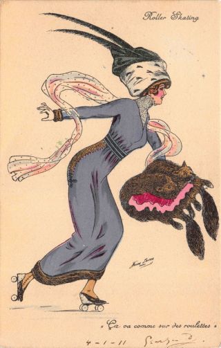 Sager Artwork Postcard Well Dressed Woman Hat & Fox Muff Roller Skating 113092