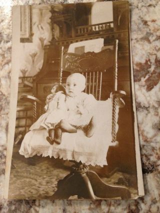 Vintage Black White Postcard Photo Of Little Girl Holding Baby Doll Klapmeier