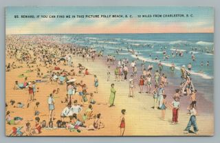 “$5 Reward To Find Me” Folly Beach South Carolina Charleston Vintage Linen 40s