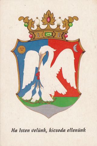 Hungary Transylvania Reformed Church Emblem Crest Heraldry Postcard Stork Crown