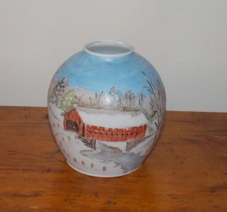 Small Vintage Winter Scene Hand Painted Artist Signed Glass Globe Lamp Shade