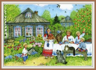 Russian Tea Folk Costume Ethnic Samovar Cat Dog Family Gzhel Horse Art Postcard