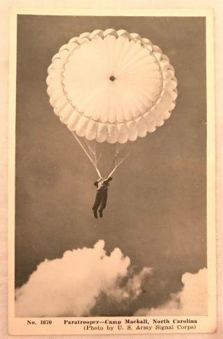 Vintage Wwii Postcard - Paratrooper Parachuting - Camp Mackall,  North Carolina