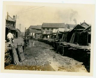 Pre Ww2 1932 Photograph China Chefoo Dry Creek Bed Houses Photo Yantai