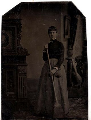 Vintage Tintype Photo Of Woman With Broom
