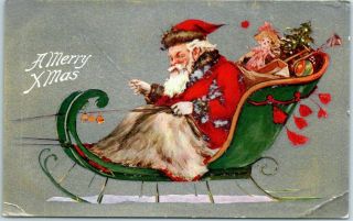 Vintage 1910s Santa Claus Christmas Postcard In Green Sleigh W/ Toys