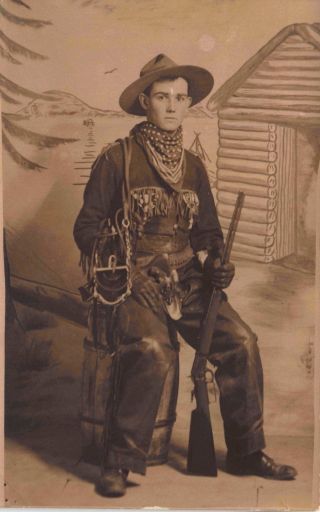 Photo Studio Real Photo Postcard Cowboy Hunter Shotgun Pistol Animal Trap 114678