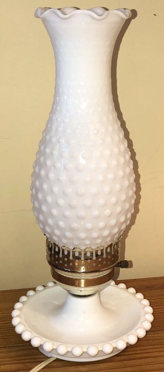 Vintage Hurricane White Hobnail Milk Glass Table Lamp Vanity Bedside