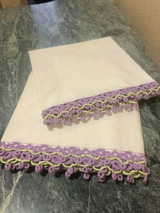 Vintage Pillow Cases,  Set Of 2,  White With Lavender Crocheted Edge No Stains