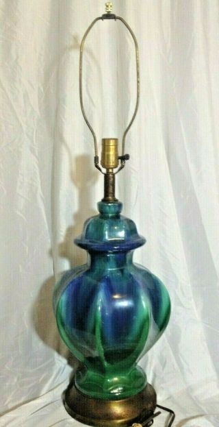 Vtg MID CENTURY Danish MODERN Drip Glaze BLUE GREEN TABLE LAMP Eames 50 ' s Atomic 2
