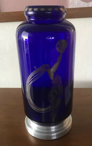 Franklin Erte Cobalt Blue And Silver Fireflies Vase With Stand 1988
