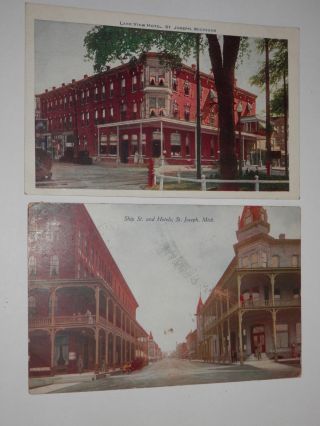 St.  Joseph Mi - 2 Old Postcards - Lake View Hotel - Ship Street And Hotels