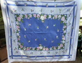 Vintage 1950’s Tablecoth Pink & White Roses Rosebuds Blue Cotton