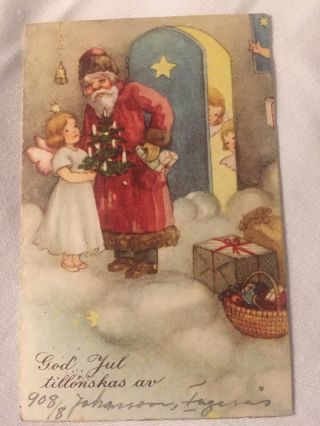 Vintage Swedish Mini Postcard Christmas Santa Claus Angel Sweden God Jul