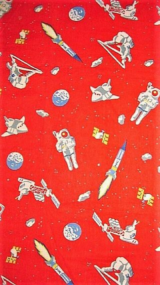 2 Yds Vtg Red Atomic Rocket Astronaut Space Novelty Cotton Fabric Craft