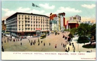 York City Postcard " Fifth Avenue Hotel,  Madison Square " Street Scene C1900s