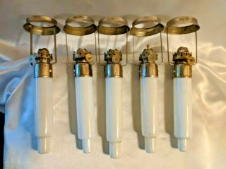 Set Of 5 Antique Twilight Milk Glass Candle Oil Peg Lamp Light Patented