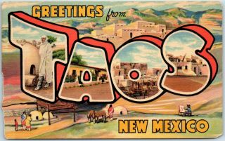 Taos,  Mexico Large Letter Postcard W/ Pueblo Panorama View Curteich Linen