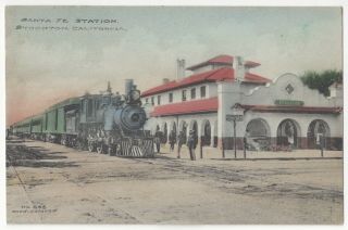 1919 Stockton,  California Santa Fe Railroad Depot & Train - Fred Harvey Postcard