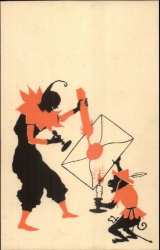 Jester Clown & Monkey Seal Envelope W/ Wax Candle Art Deco Milton Shadow Pc