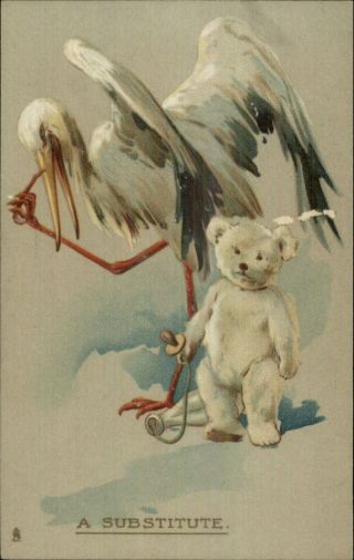 Stork W/ Baby Teddy Bear Pacifier A Substitute Tuck 2768 C1910 Postcard