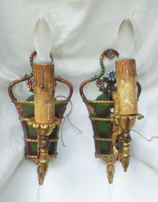 Art Deco Electric Wall Sconces,  Vintage Set Of 2 Painted Colorful Brass 15 " Ht