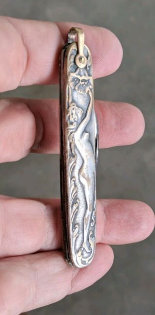 Rare Antique Art Nouveau Nude Beauty Folding Pocket Knife Double Blade & Sided