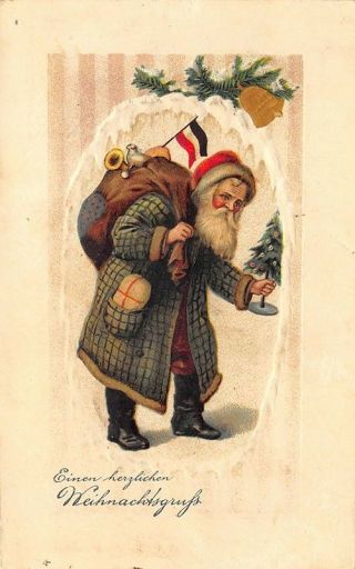 Christmas Green Robed Santa Claus Bag Of Toys Feldpost Embossed Postcard