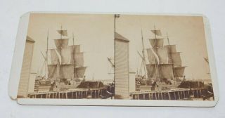 3 Mast Sailing Ship At Port Stereoview
