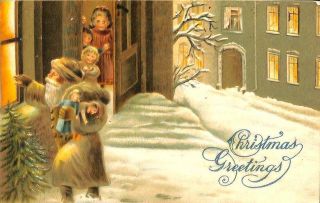 Merry Christmas Brown Suited Santa Claus Tree Toys Children Bangor Me Postcard
