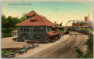 Akron Ohio Postcard " Union Depot " Railroad Train Station View Hand - Colored 1909
