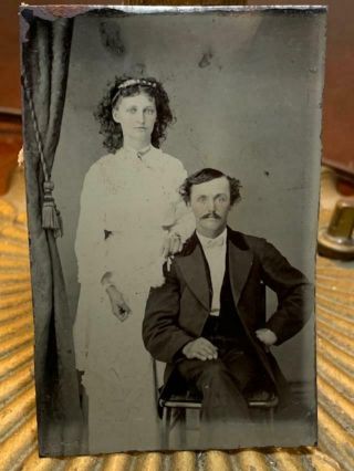 Antique Tintype Photo 1800s Victorian Young Man & Woman Dress