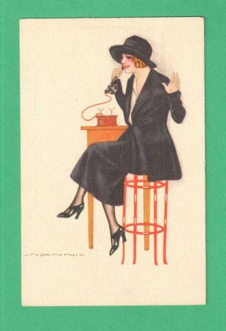 Vintage Nanni Art Postcard Fashionable Lady Stool Talks On Telephone