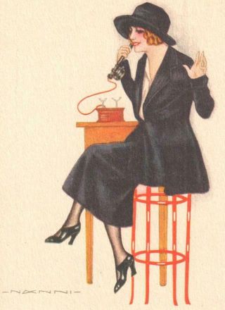 VINTAGE NANNI ART POSTCARD FASHIONABLE LADY STOOL TALKS ON TELEPHONE 2