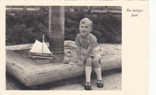 1940s Cute Little Boy W/ Toy Boat And Duck Rppc Old German Photo Postcard
