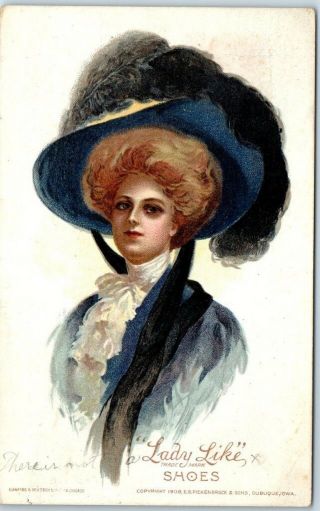 Advertising Postcard " Lady Like Shoes " Big Hat Fashion Artist - Signed 1912 Cancel