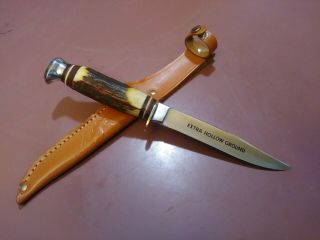 Rare Vintage Solingen Germany Bowie Hunting Knife Red Stag Bone Bird Trout Case
