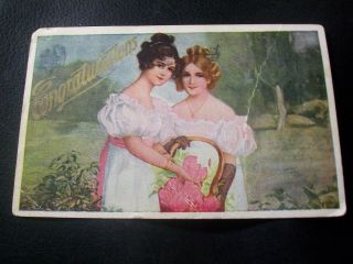 Vintage Postcard - Congratulations - Two Girls With Basket Of Roses