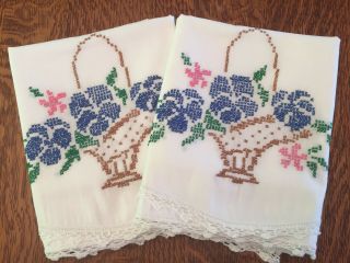 Vintage Pair White Pillowcases Embroidered Crocheted Basket Blue Flowers