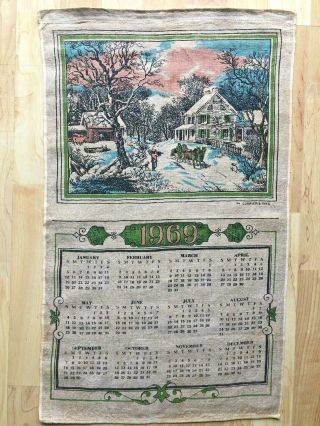 Vtg 1969 Linen Wall Calendar Tea Towel Currier Ives Snow Scene Graphic