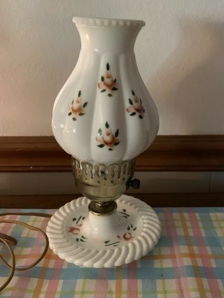 Vintage White Milk Glass Dresser Vanity Lamp Hand Painted Pink Gold Roses